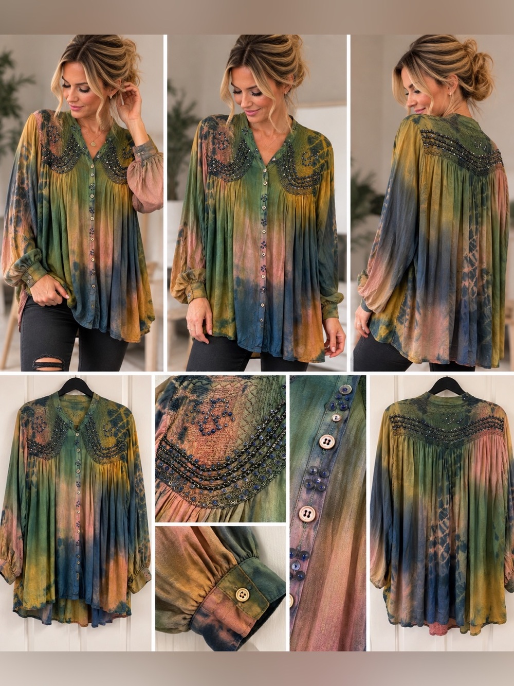 Boho Tie Dye Beaded Embroidered Button Down Tunic Blouse O/S